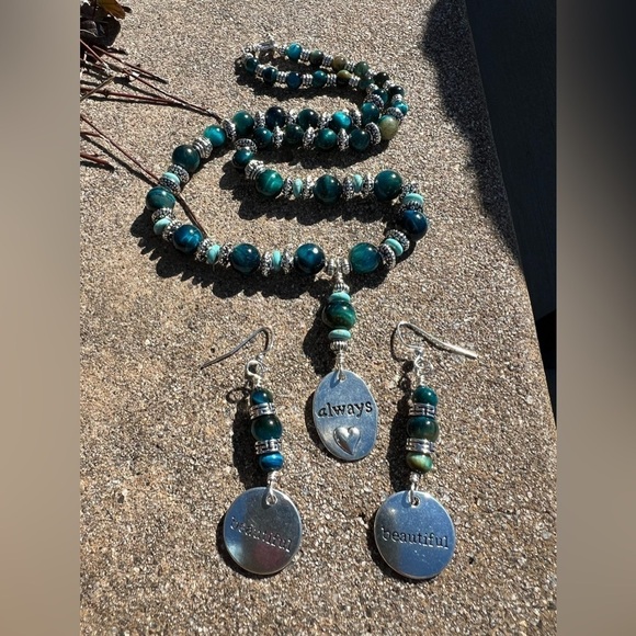 Blue Tigers Eye and Silver Necklace and Earrings Set Handmade - Picture 6 of 16